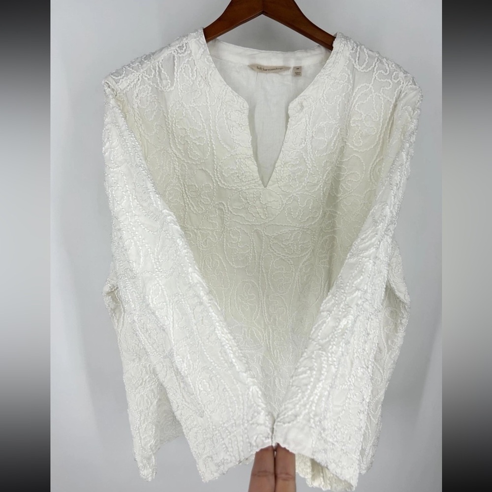 Soft Surroundings Split Neck Top 2X White Embroidered  Lined Boho Peasant Career - Picture 5 of 14
